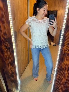 White Lace Floral Short-Sleeve Blouse